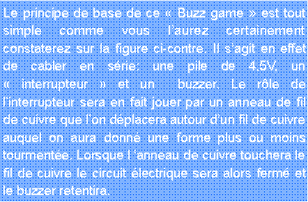 Zone de Texte: Le principe de base de ce  Buzz game  est tout simple comme vous laurez certainement constaterez sur la figure ci-contre. Il sagit en effet de cabler en srie: une pile de 4,5V, un  interrupteur  et un  buzzer. Le rle de linterrupteur sera en fait jouer par un anneau de fil de cuivre que lon dplacera autour dun fil de cuivre  auquel on aura donn une forme plus ou moins tourmente. Lorsque l anneau de cuivre touchera le fil de cuivre le circuit lectrique sera alors ferm et le buzzer retentira.